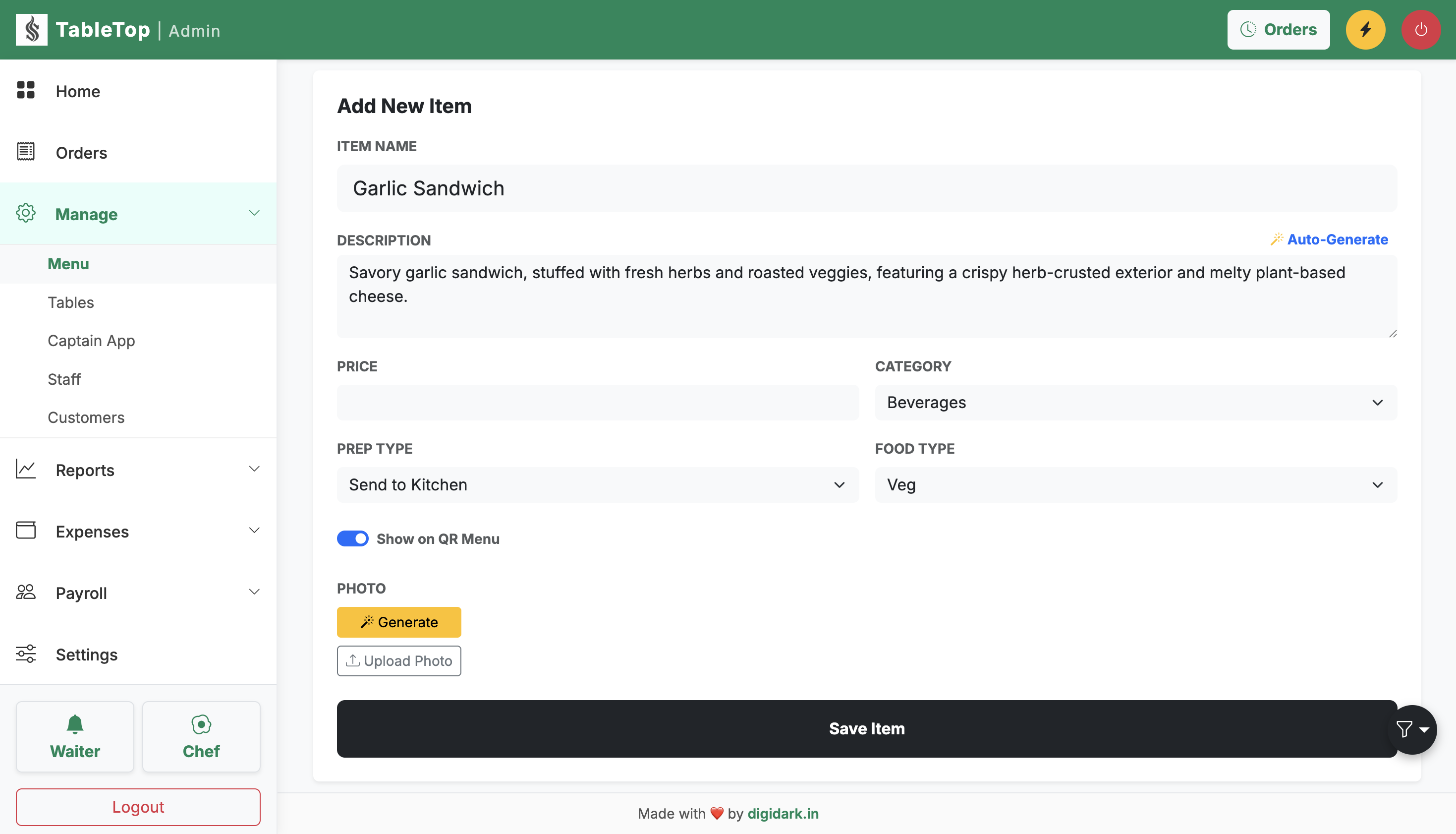 New Menu Item with AI